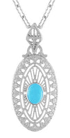 Art Deco Turquoise Filigree Oval Pendant Necklace in Sterling Silver
