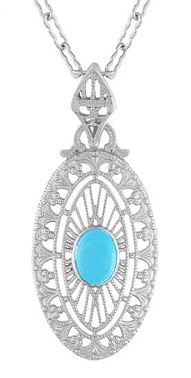 Art Deco Turquoise Filigree Oval Pendant Necklace in Sterling Silver