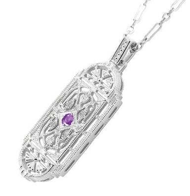 Art Deco Filigree Amethyst Geometric Pendant Necklace in Sterling Silver - alternate view