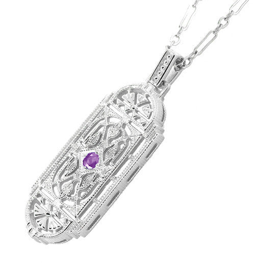 Art Deco Filigree Amethyst Geometric Pendant Necklace in Sterling Silver - Item: N150AM - Image: 2