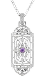 Art Deco Filigree Amethyst Geometric Pendant Necklace in Sterling Silver