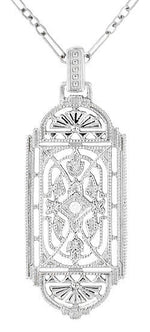 Art Deco Filigree Geometric Diamond Pendant Necklace in Sterling Silver