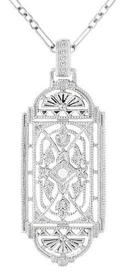 Art Deco Filigree Geometric Diamond Pendant Necklace in Sterling Silver