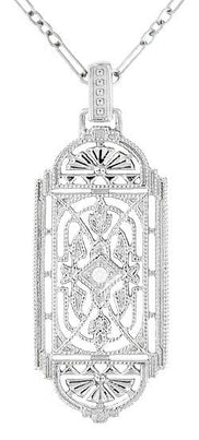 Art Deco Filigree Geometric Diamond Pendant Necklace in Sterling Silver
