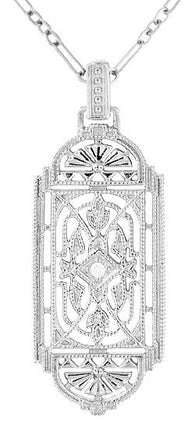 Art Deco Filigree Geometric Diamond Pendant Necklace in Sterling Silver