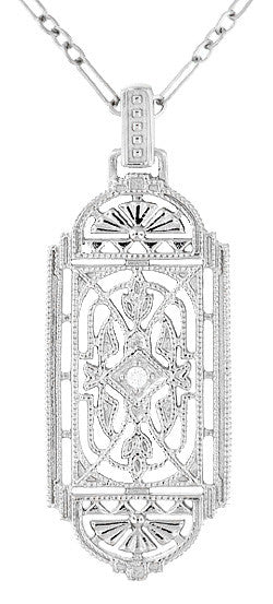 Art Deco Filigree Geometric Diamond Pendant Necklace in Sterling Silver