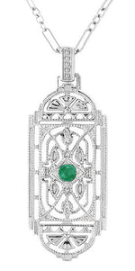 Art Deco Filigree Emerald Geometric Pendant Necklace in Sterling Silver