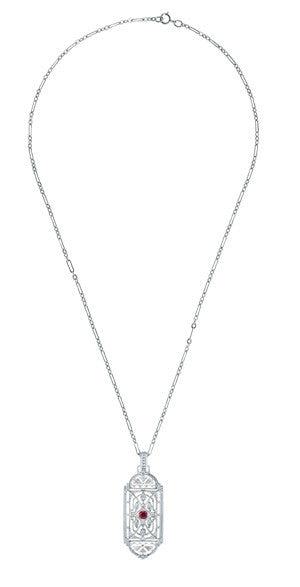 Art Deco Filigree Ruby Geometric Pendant Necklace in Sterling Silver - Item: N150R - Image: 3