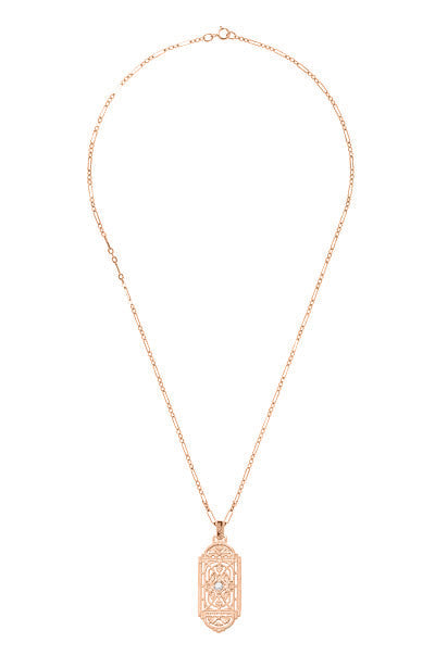 Art Deco Filigree Rose Gold Vermeil Geometric White Sapphire Pendant Necklace in Sterling Silver - Item: N150RWS - Image: 3