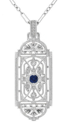 Art Deco Filigree Sapphire Geometric Pendant Necklace in Sterling Silver