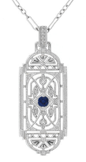 Art Deco Filigree Sapphire Geometric Pendant Necklace in Sterling Silver
