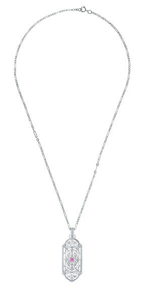 1920's Pink Sapphire Pendant in Sterling Silver - Vintage Style Art Deco Filigree Necklace - Item: N150WPS - Image: 3