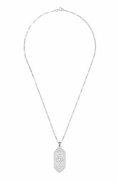1920's Art Deco Filigree White Sapphire Geometric Pendant Necklace in Sterling Silver - Item: N150WWS - Image: 3