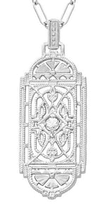 1920's Art Deco Filigree White Sapphire Geometric Pendant Necklace in Sterling Silver