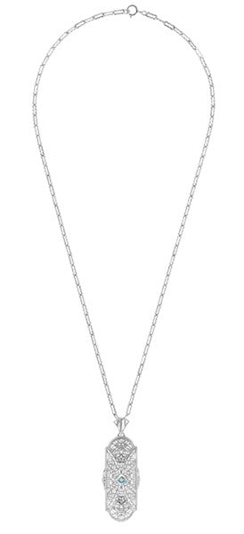 Art Deco Floral Filigree Aquamarine Pendant Necklace in Sterling Silver with Diamonds - Item: N151A - Image: 3