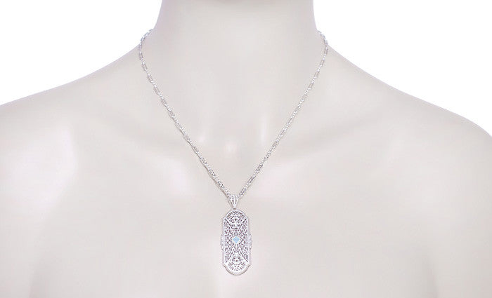 Art Deco Floral Filigree Aquamarine Pendant Necklace in Sterling Silver with Diamonds - Item: N151A - Image: 4