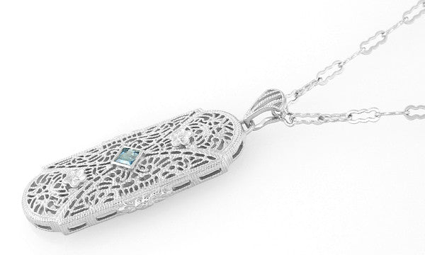 Art Deco Floral Filigree Aquamarine Pendant Necklace in Sterling Silver with Diamonds - Item: N151A - Image: 2