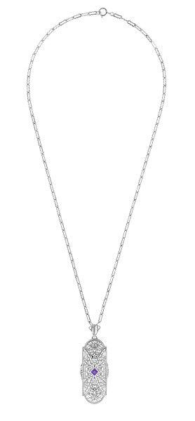 Art Deco Amethyst and Diamonds Floral Filigree Pendant Necklace in Sterling Silver - Item: N151AM - Image: 3