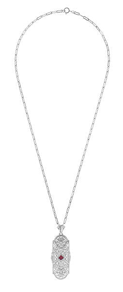 Art Deco Flowers Filigree Square Ruby Pendant Necklace in Sterling Silver with Diamonds - Item: N151R - Image: 3