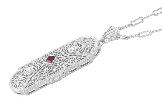 Art Deco Flowers Filigree Square Ruby Pendant Necklace in Sterling Silver with Diamonds - Item: N151R - Image: 2