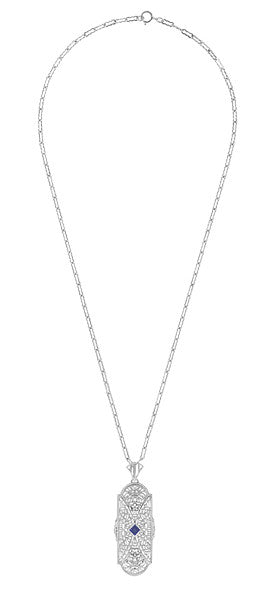 Art Deco Square Sapphire and Diamonds Floral Filigree Pendant Necklace in Sterling Silver - Item: N151S - Image: 3