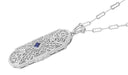 Art Deco Square Sapphire and Diamonds Floral Filigree Pendant Necklace in Sterling Silver