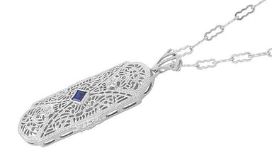 Art Deco Square Sapphire and Diamonds Floral Filigree Pendant Necklace in Sterling Silver - alternate view