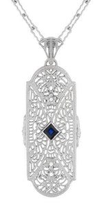 Art Deco Square Sapphire and Diamonds Floral Filigree Pendant Necklace in Sterling Silver