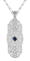 Art Deco Square Sapphire and Diamonds Floral Filigree Pendant Necklace in Sterling Silver