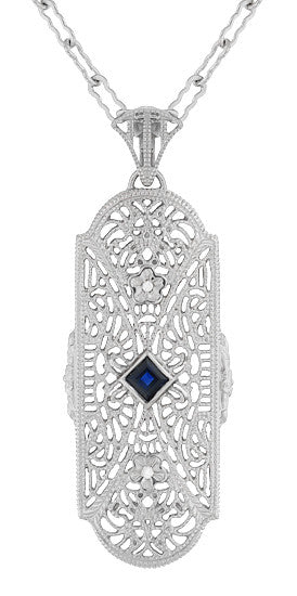 Art Deco Square Sapphire and Diamonds Floral Filigree Pendant Necklace in Sterling Silver