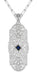 Art Deco Square Sapphire and Diamonds Floral Filigree Pendant Necklace in Sterling Silver