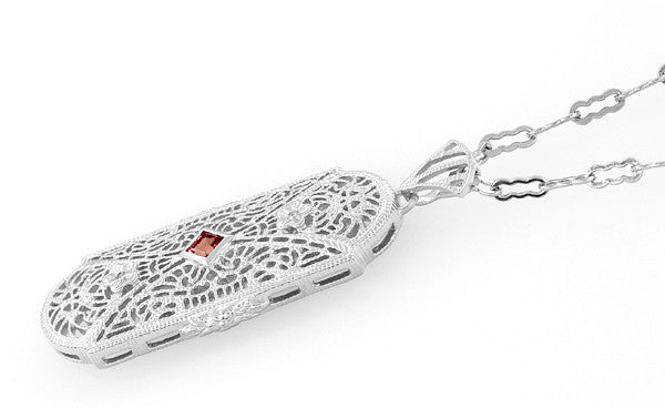 Art Deco Pink Tourmaline and Diamonds Floral Filigree Pendant Necklace in Sterling Silver - Item: N151T - Image: 2