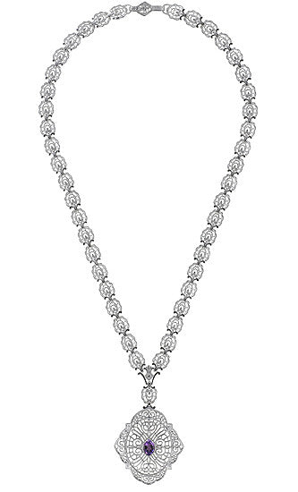 Edwardian Filigree Drop Pendant Necklace with Amethyst and Diamond in Sterling Silver - Item: N152AM - Image: 3