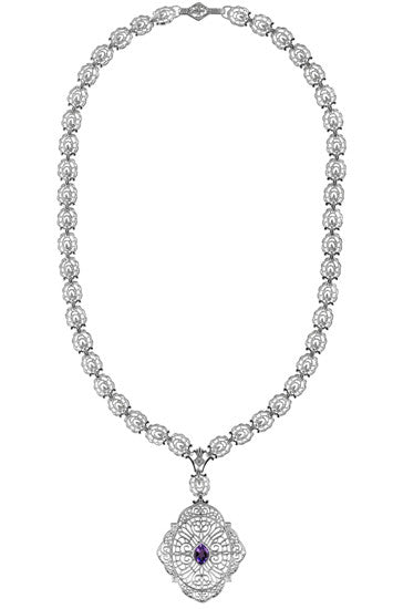 Edwardian Filigree Drop Pendant Necklace with Amethyst and Diamond in Sterling Silver - alternate view