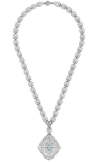Edwardian Filigree Drop Pendant Necklace with Blue Topaz and Diamond in Sterling Silver - alternate view