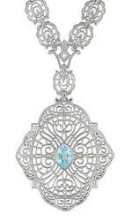Edwardian Filigree Drop Pendant Necklace with Blue Topaz and Diamond in Sterling Silver