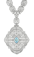 Edwardian Filigree Drop Pendant Necklace with Blue Topaz and Diamond in Sterling Silver