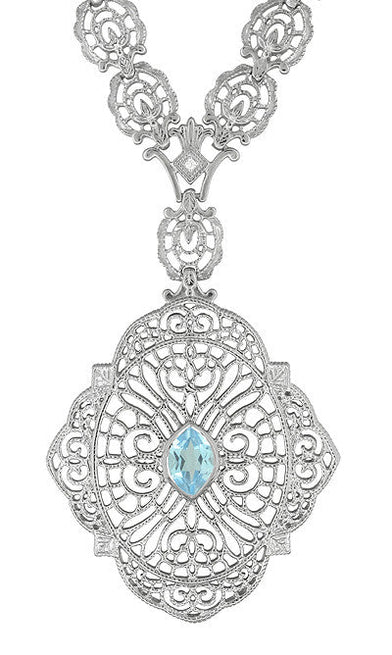 Edwardian Filigree Drop Pendant Necklace with Blue Topaz and Diamond in Sterling Silver