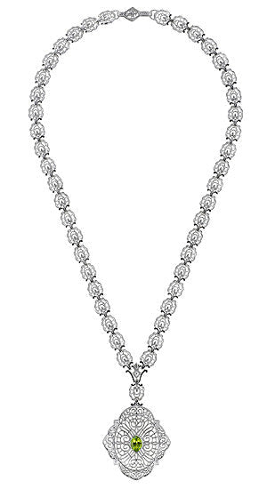 Edwardian Filigree Drop Pendant Necklace with Peridot and Diamond in Sterling Silver - alternate view