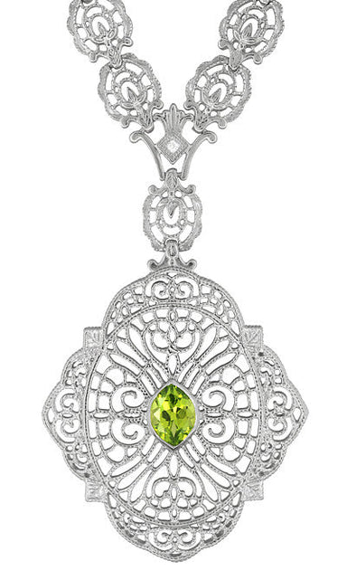 Edwardian Filigree Drop Pendant Necklace with Peridot and Diamond in Sterling Silver