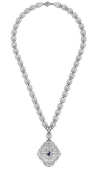 Edwardian Filigree Sapphire and Diamond Drop Pendant Necklace in Sterling Silver - alternate view