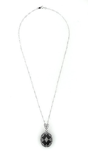 Art Deco Flowers Oval Black Onyx and Diamond Filigree Pendant Necklace in Sterling Silver - Item: N154 - Image: 3