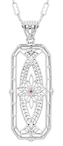 Art Deco Filigree Ichthys Fish Ruby Pendant - Sterling Silver Vintage Necklace Design