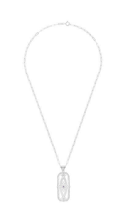 Art Deco Filigree Vintage Sapphire Ichthys Fish Necklace - Sterling Silver 1930's Pendant Design - Item: N161WS - Image: 3