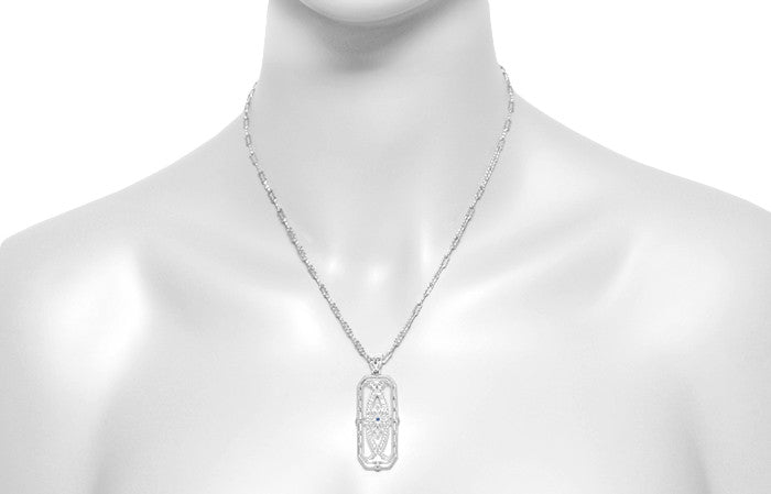 Art Deco Filigree Vintage Sapphire Ichthys Fish Necklace - Sterling Silver 1930's Pendant Design - Item: N161WS - Image: 4