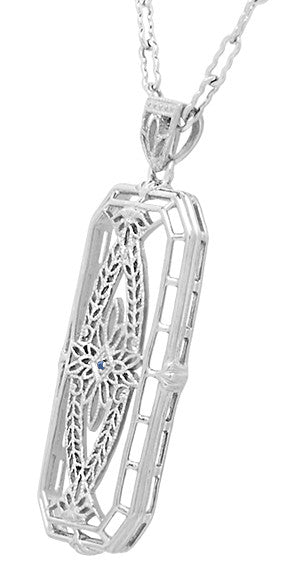 Art Deco Filigree Vintage Sapphire Ichthys Fish Necklace - Sterling Silver 1930's Pendant Design - alternate view
