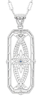 Art Deco Filigree Vintage Sapphire Ichthys Fish Necklace - Sterling Silver 1930's Pendant Design
