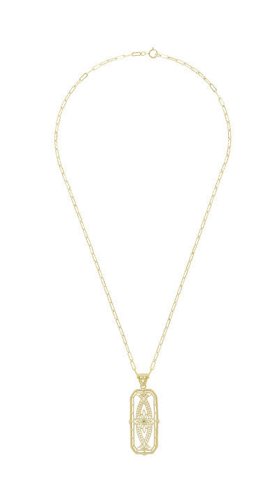 Vintage Style 1930's Deco Filigree Emerald Ichthus Pendant Necklace in Yellow Gold Vermeil Over Sterling Silver - Item: N161YE - Image: 3