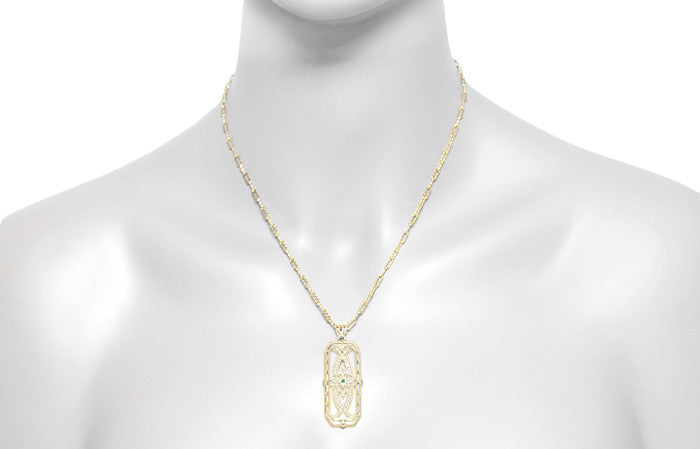 Vintage Style 1930's Deco Filigree Emerald Ichthus Pendant Necklace in Yellow Gold Vermeil Over Sterling Silver - Item: N161YE - Image: 4