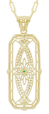 Vintage Style 1930's Deco Filigree Emerald Ichthus Pendant Necklace in Yellow Gold Vermeil Over Sterling Silver